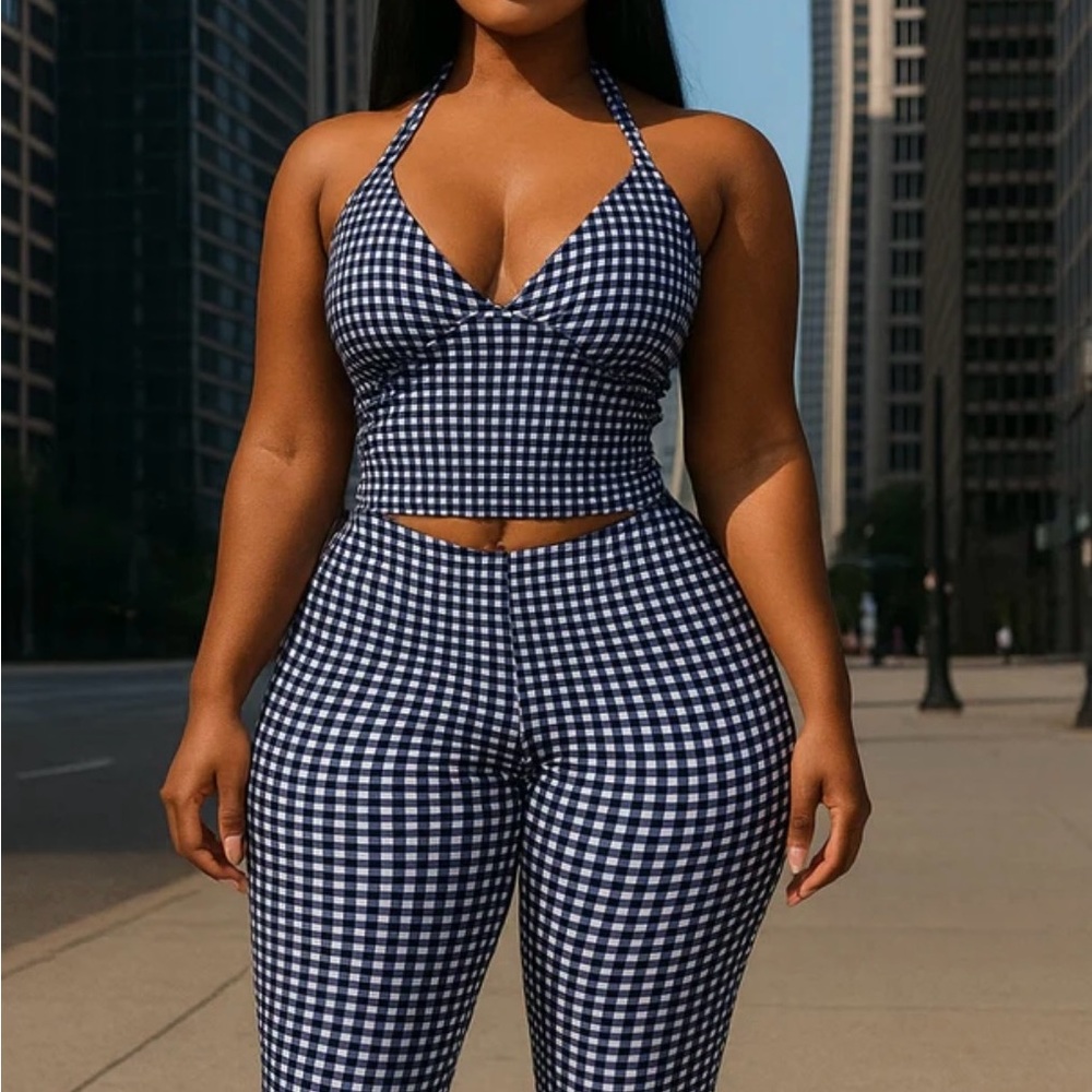 Gingham Halter Crop Top & High-Waist capris Set - Navy/White